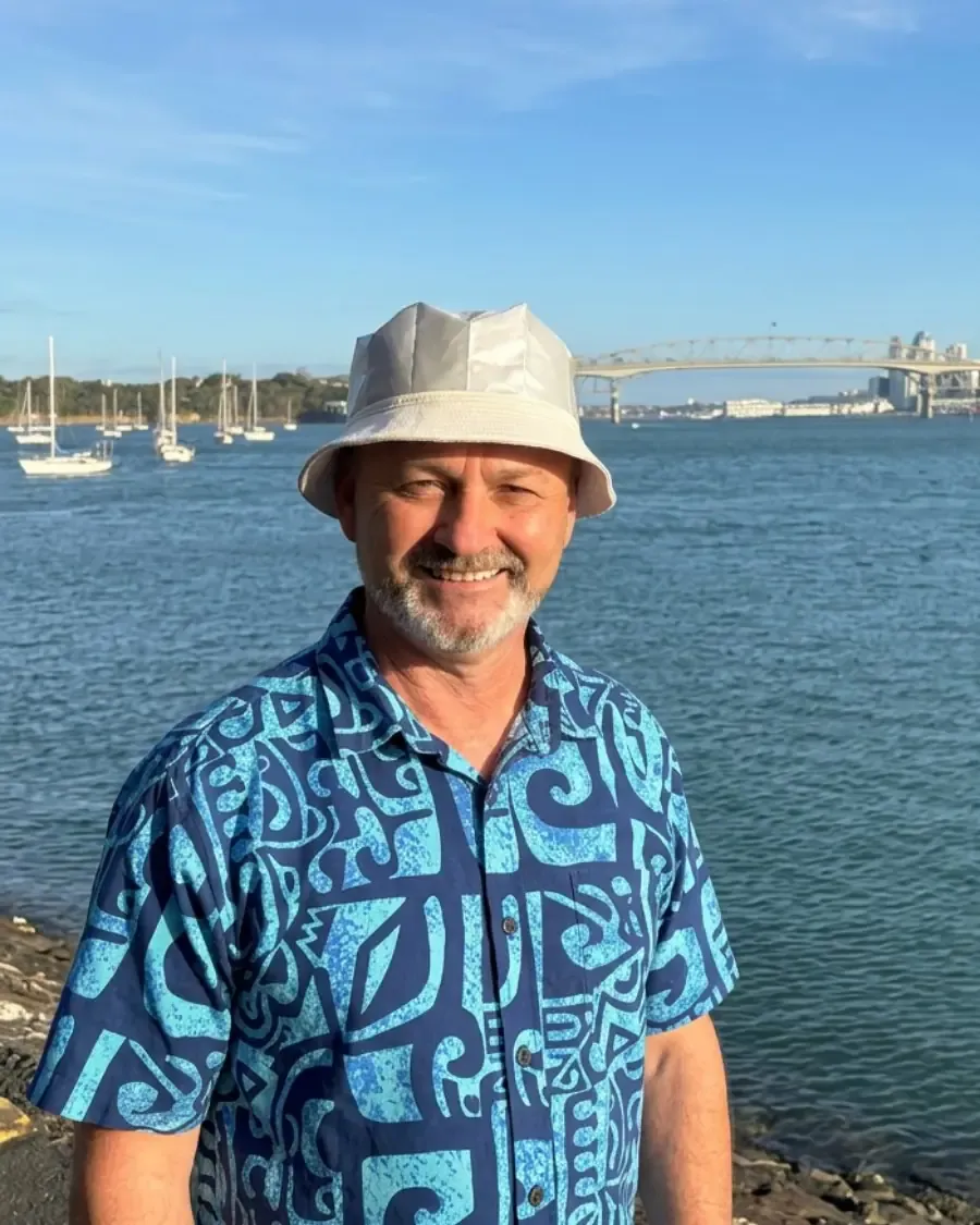 Dale on the Waitematā, with the harbour bridge behind him